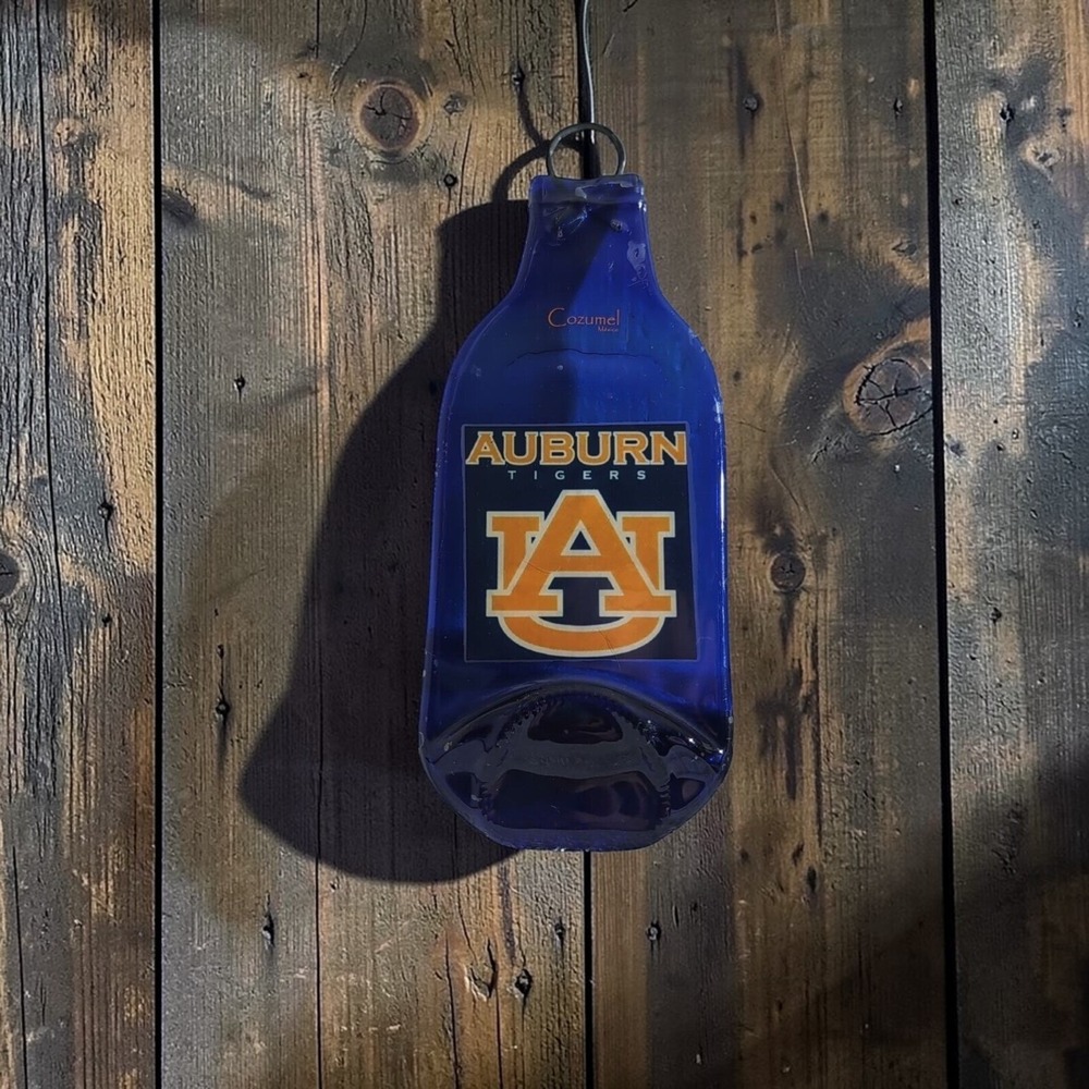 Auburn Tigers Blue Art Glass Wall Decor 8", Recycled Skyy Vodka Bottle, Man-Cave